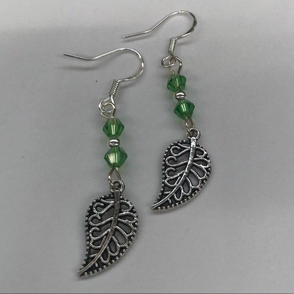 Leaf Charm Dangle Earrings Green Accent - Picture 3 of 3